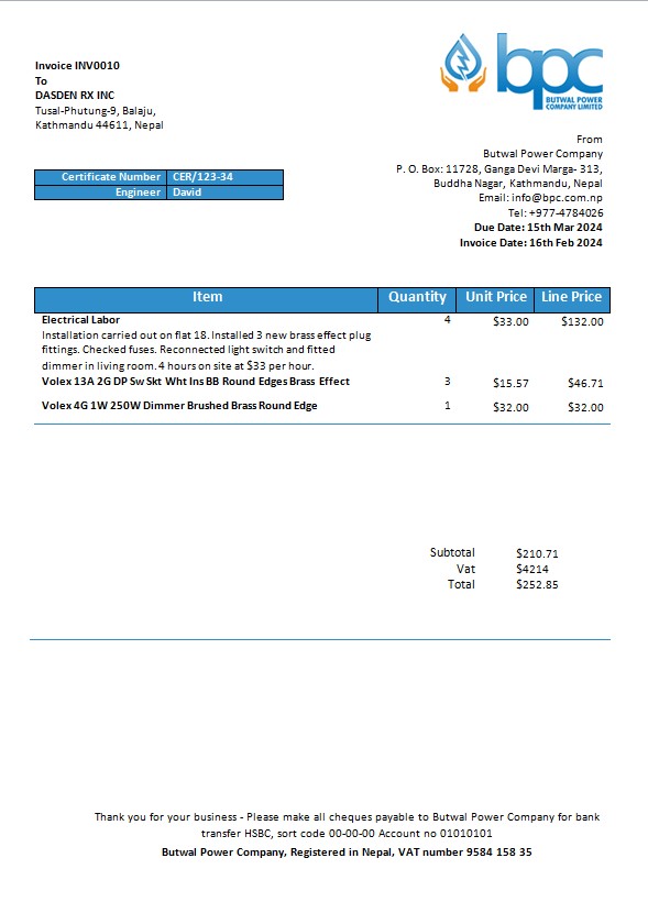 Nepal Butwal Power Company Limited electricity business utility bill template in Word and PDF formats